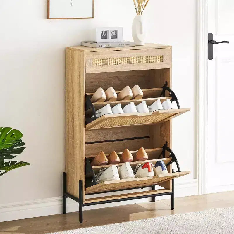 Meuble à chaussures 2 tiroirs basculants avec 1 tiroir, organiseur de chaussures en rotin avec pieds en métal, meuble à chaussures fin autonome