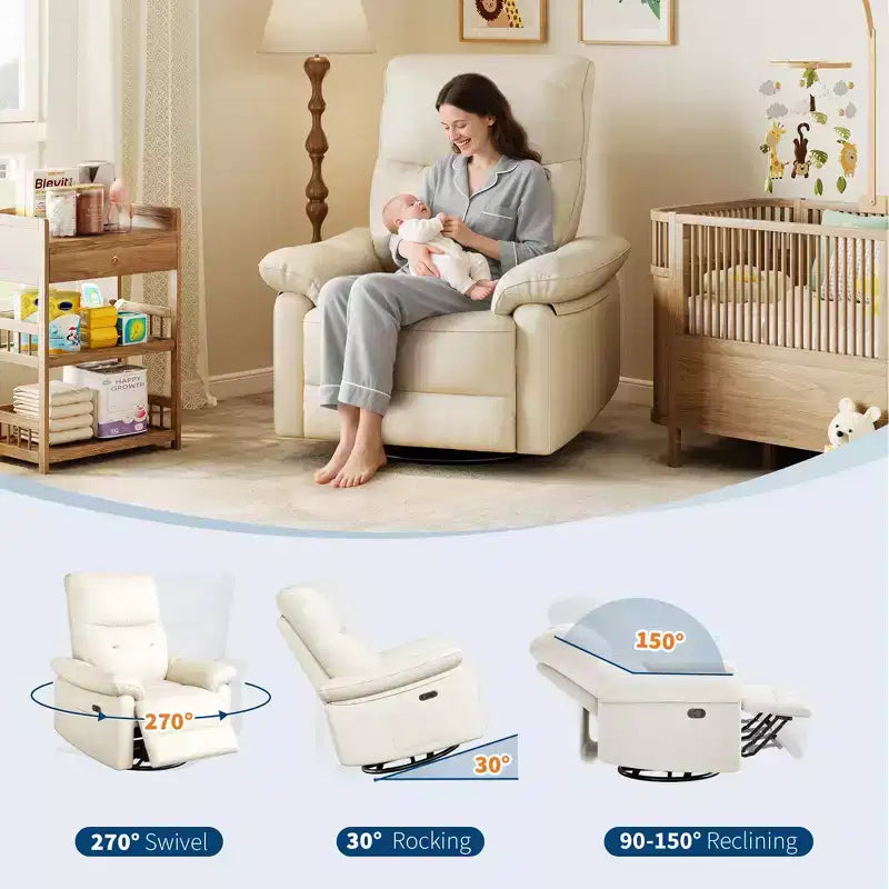 Fauteuil inclinable électrique, Fauteuil inclinable pivotant en cuir PU avec ports USB, Fauteuil de salon inclinable rembourré pour chambre d'enfant, Fauteuil ergonomique, Beige