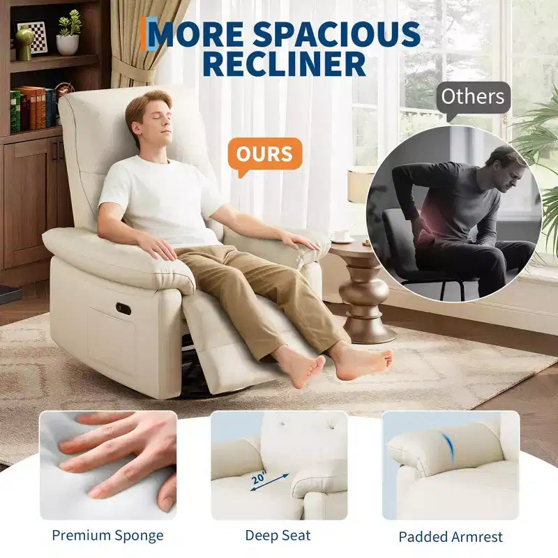 Fauteuil inclinable électrique, Fauteuil inclinable pivotant en cuir PU avec ports USB, Fauteuil de salon inclinable rembourré pour chambre d'enfant, Fauteuil ergonomique, Beige