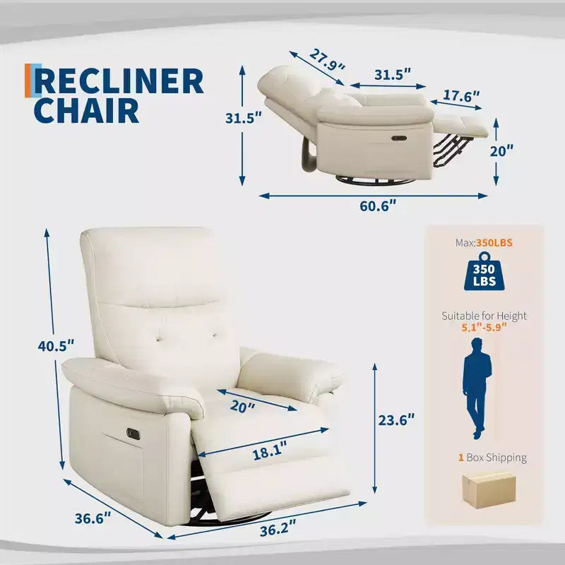 Fauteuil inclinable électrique, Fauteuil inclinable pivotant en cuir PU avec ports USB, Fauteuil de salon inclinable rembourré pour chambre d'enfant, Fauteuil ergonomique, Beige