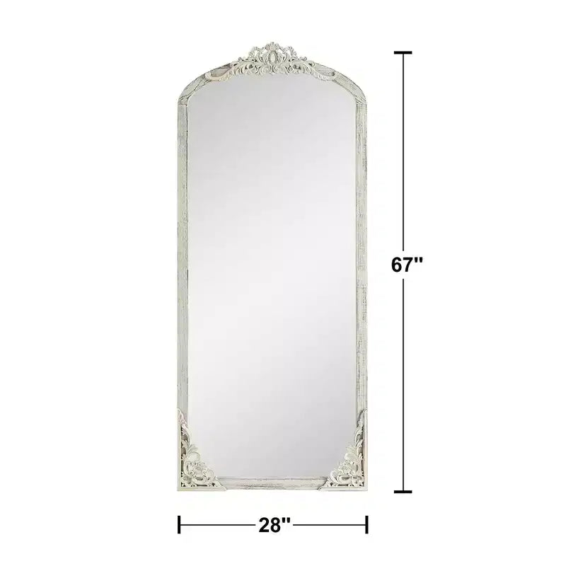 Miroir pleine longueur sculpté en bois massif encadré, arche rustique, 28 po L x 67 po H, blanc vieilli