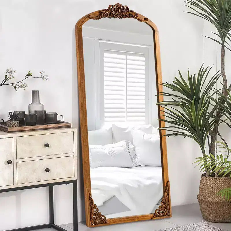 Miroir pleine longueur sculpté DIY rustique encadré en bois massif à arche de 30 po L x 69 po H, couleur or