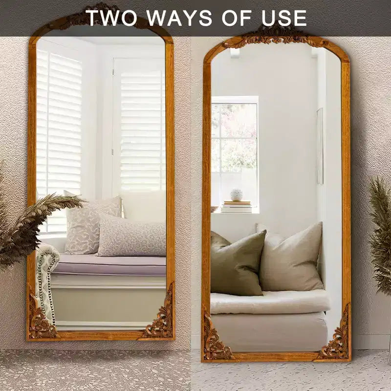 Miroir pleine longueur sculpté DIY rustique encadré en bois massif à arche de 30 po L x 69 po H, couleur or