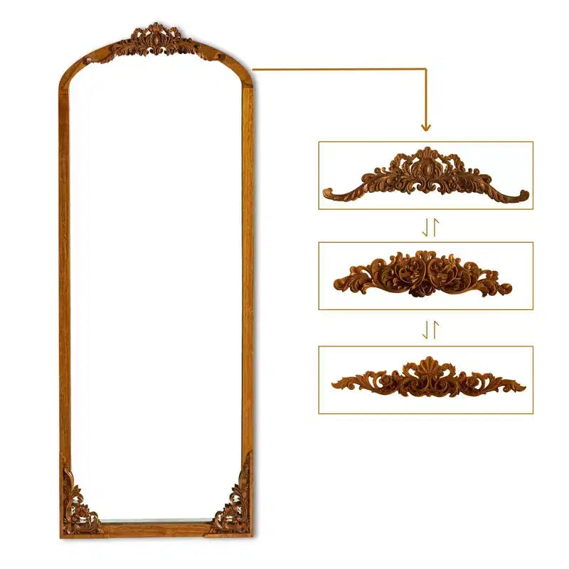 Miroir pleine longueur sculpté DIY rustique encadré en bois massif à arche de 30 po L x 69 po H, couleur or