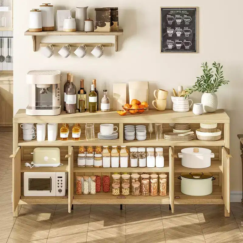 Buffet de salle à manger cannelé de 167 cm avec 4 portes, buffet de cuisine moderne avec portes cannelées