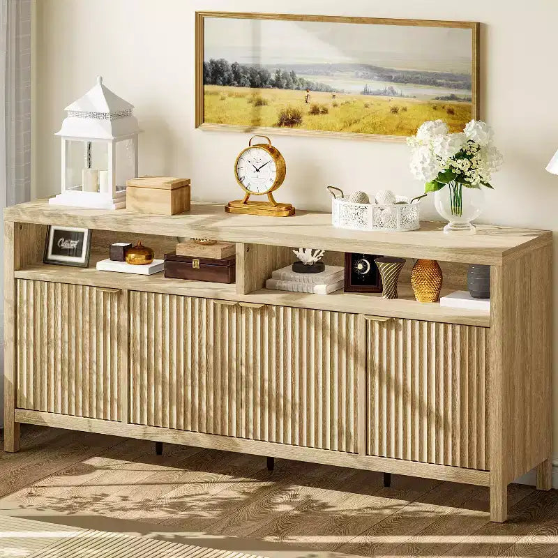 Buffet de salle à manger cannelé de 167 cm avec 4 portes, buffet de cuisine moderne avec portes cannelées