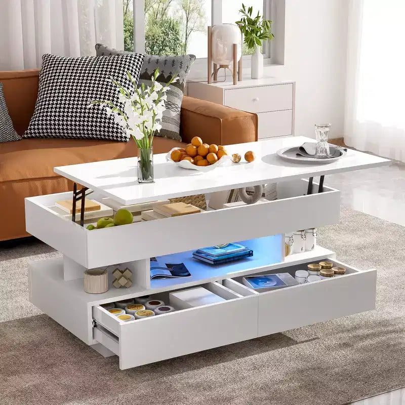 Table basse moderne relevable, 2 tiroirs cachés au fini lustré, table centrale rectangulaire multifonctionnelle pour salon