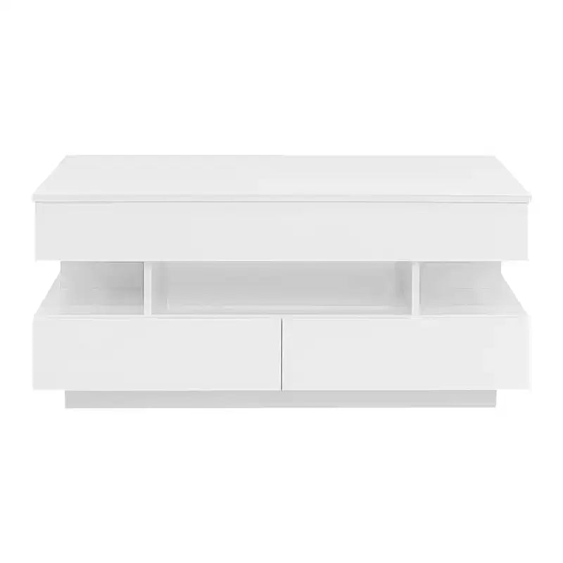Table basse moderne relevable, 2 tiroirs cachés au fini lustré, table centrale rectangulaire multifonctionnelle pour salon