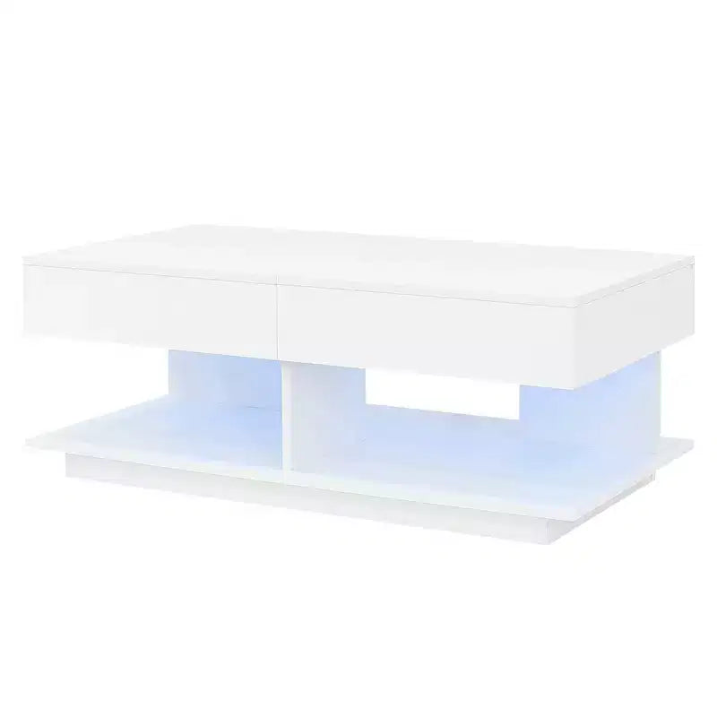 Table basse moderne relevable, 2 tiroirs cachés au fini lustré, table centrale rectangulaire multifonctionnelle pour salon