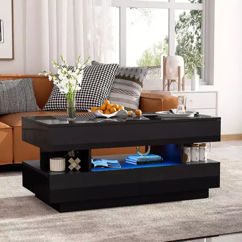 Table basse moderne relevable, 2 tiroirs cachés au fini lustré, table centrale rectangulaire multifonctionnelle pour salon