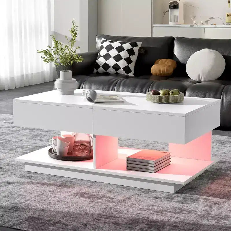 Table basse moderne relevable, 2 tiroirs cachés au fini lustré, table centrale rectangulaire multifonctionnelle pour salon