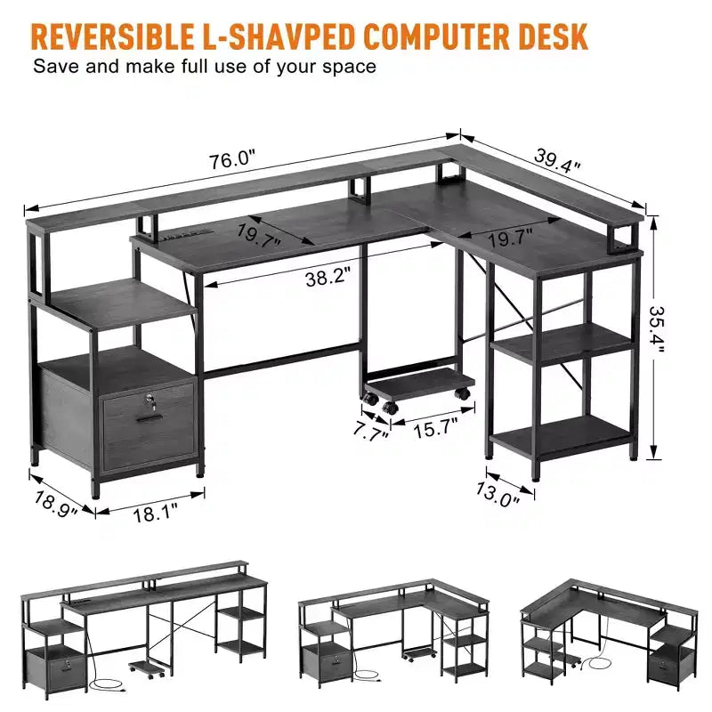 Bureau d'angle en L - Bureau d'ordinateur réversible de 193 cm avec tiroir de classement, prise de courant, étagère pour moniteur (chêne gris)