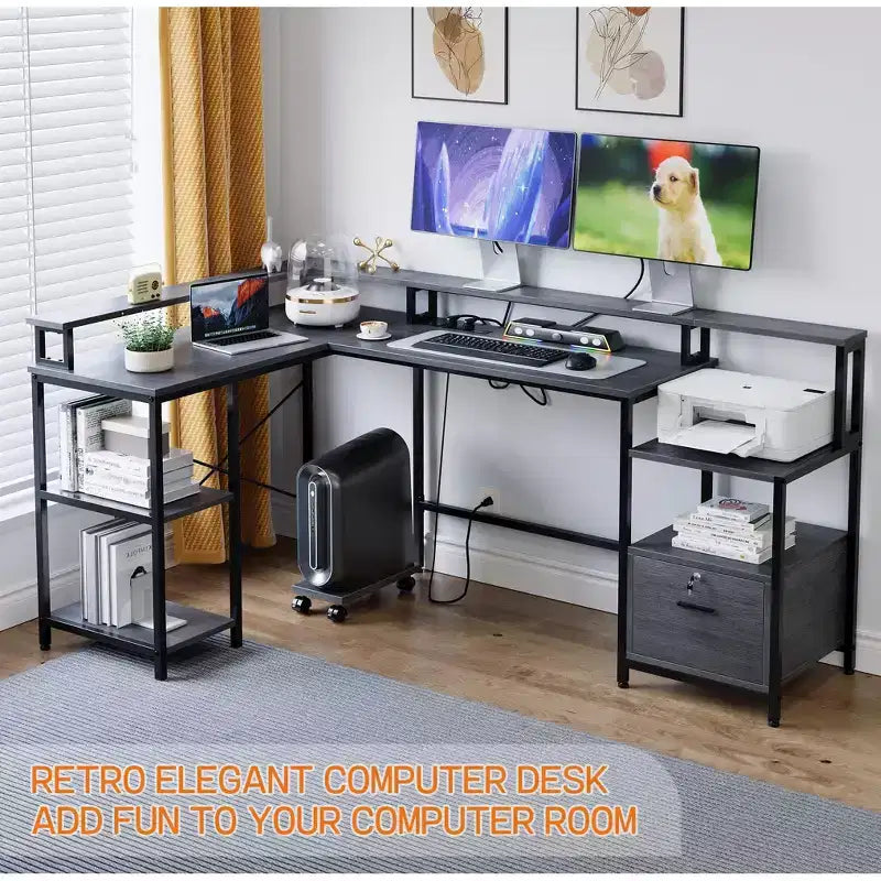 Bureau d'angle en L - Bureau d'ordinateur réversible de 193 cm avec tiroir de classement, prise de courant, étagère pour moniteur (chêne gris)