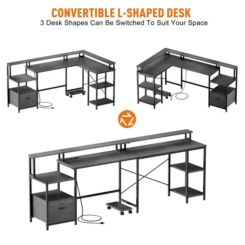 Bureau d'angle en L - Bureau d'ordinateur réversible de 193 cm avec tiroir de classement, prise de courant, étagère pour moniteur (chêne gris)
