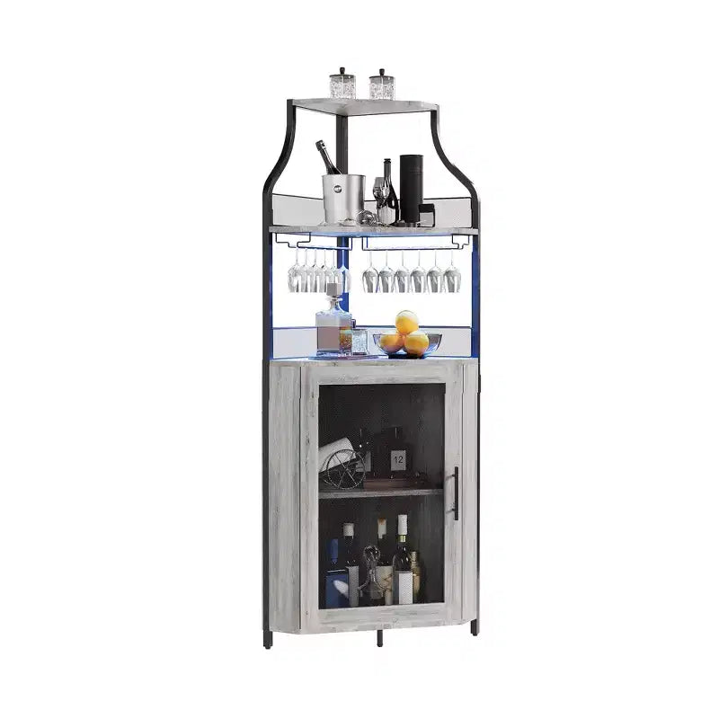 Meuble d'angle de bar à vin avec casier à vin détachable - Meuble de bar avec support en verre, petit buffet, meuble de rangement avec porte en maille