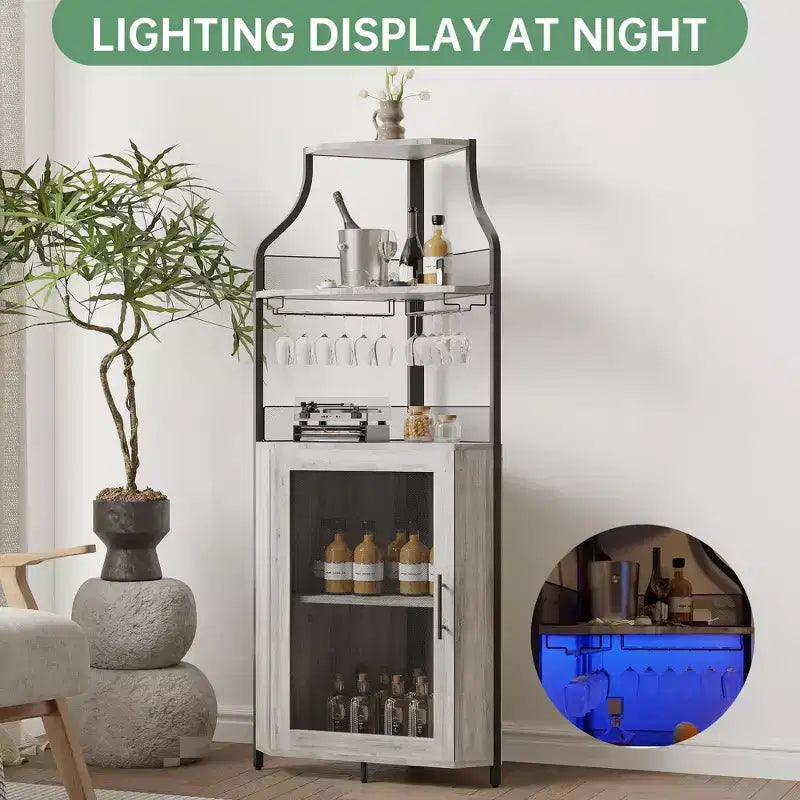 Meuble d'angle de bar à vin avec casier à vin détachable - Meuble de bar avec support en verre, petit buffet, meuble de rangement avec porte en maille