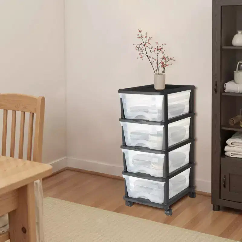 Chariot de rangement en plastique à 4 tiroirs avec roulettes, Organiseur de rangement roulant pour placard avec séparateurs, Transparent et Noir
