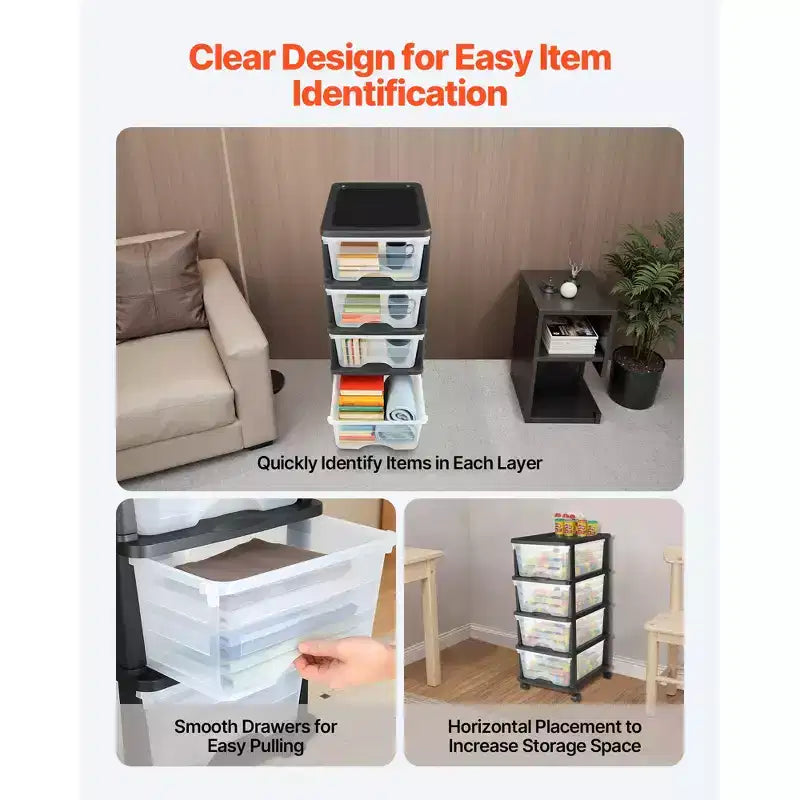 Chariot de rangement en plastique à 4 tiroirs avec roulettes, Organiseur de rangement roulant pour placard avec séparateurs, Transparent et Noir