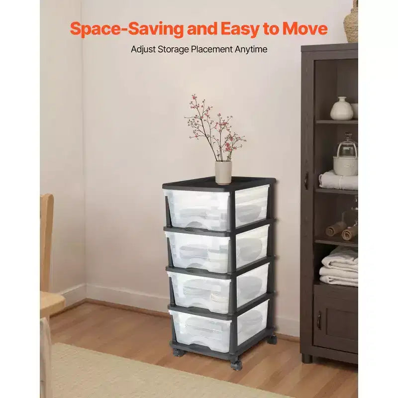 Chariot de rangement en plastique à 4 tiroirs avec roulettes, Organiseur de rangement roulant pour placard avec séparateurs, Transparent et Noir