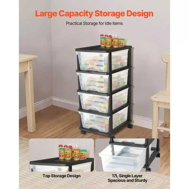 Chariot de rangement en plastique à 4 tiroirs avec roulettes, Organiseur de rangement roulant pour placard avec séparateurs, Transparent et Noir
