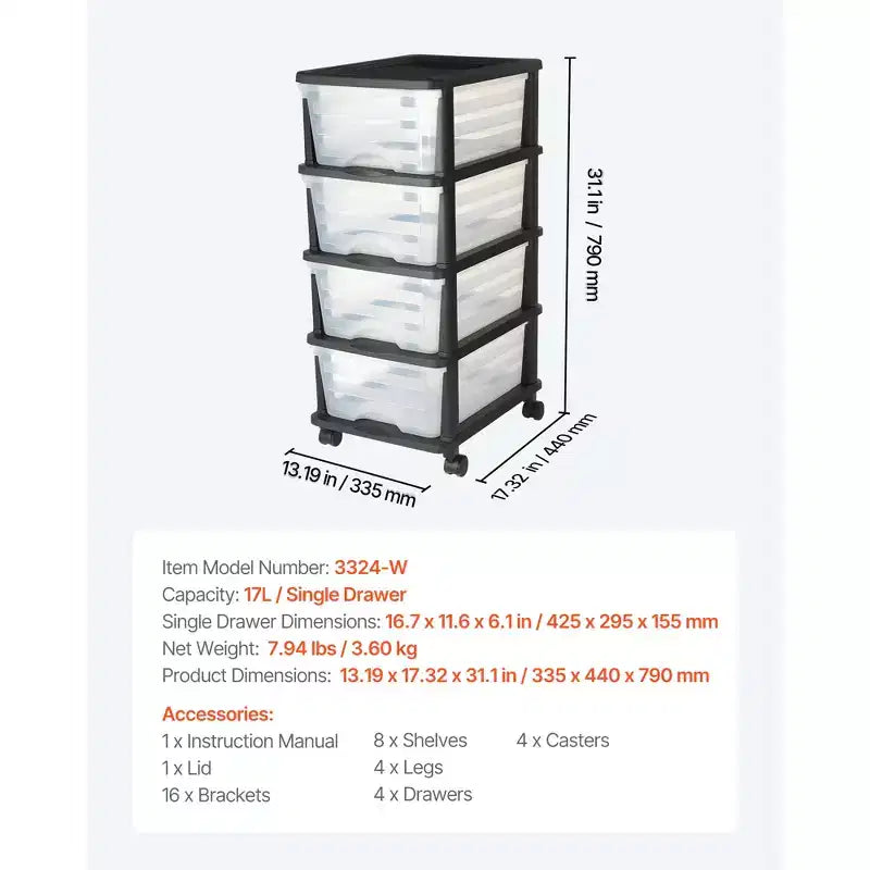 Chariot de rangement en plastique à 4 tiroirs avec roulettes, Organiseur de rangement roulant pour placard avec séparateurs, Transparent et Noir