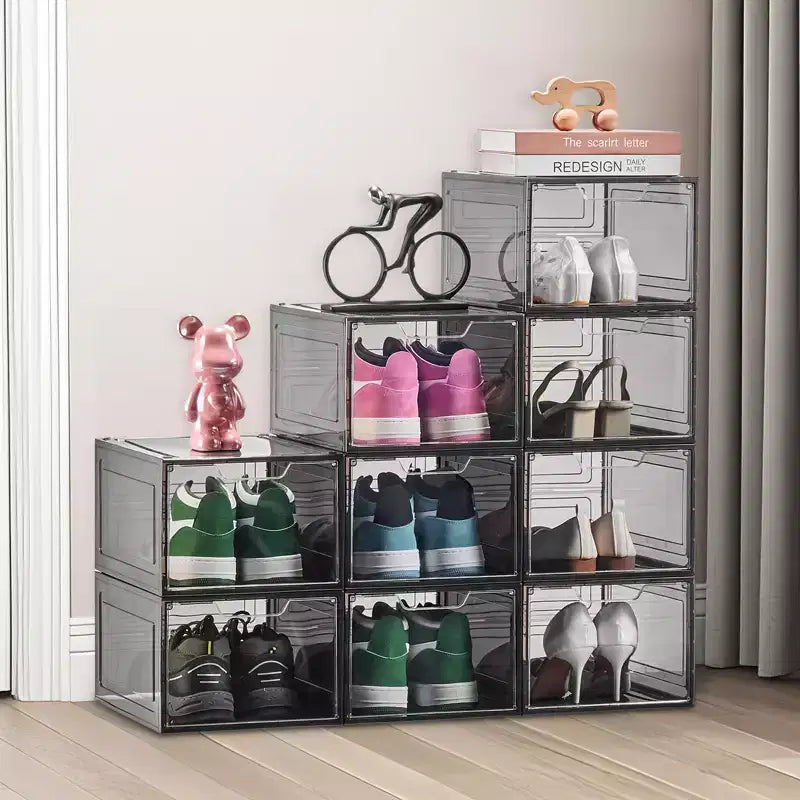 Lot de 9 boîtes de rangement à chaussures empilables transparentes avec porte magnétique, convient aux pointures jusqu'à 47 EU, noir transparent