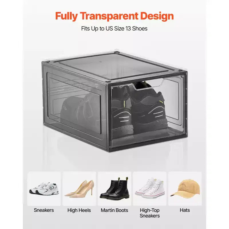 Lot de 9 boîtes de rangement à chaussures empilables transparentes avec porte magnétique, convient aux pointures jusqu'à 47 EU, noir transparent