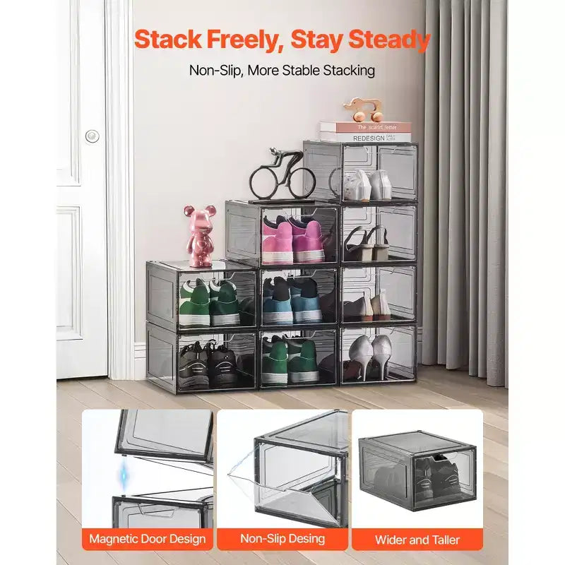 Lot de 9 boîtes de rangement à chaussures empilables transparentes avec porte magnétique, convient aux pointures jusqu'à 47 EU, noir transparent