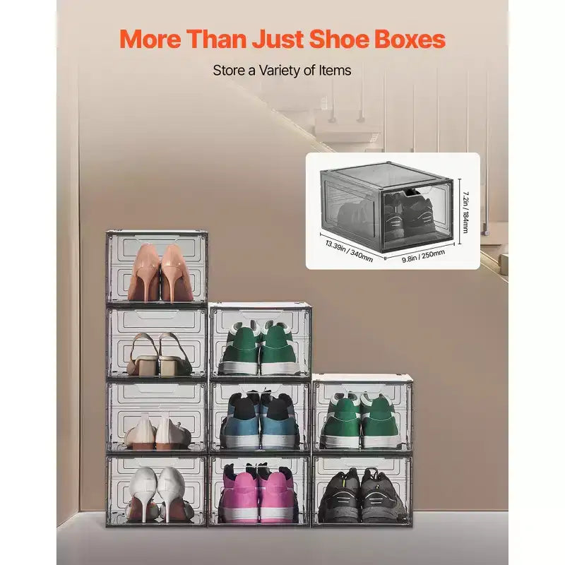 Lot de 9 boîtes de rangement à chaussures empilables transparentes avec porte magnétique, convient aux pointures jusqu'à 47 EU, noir transparent