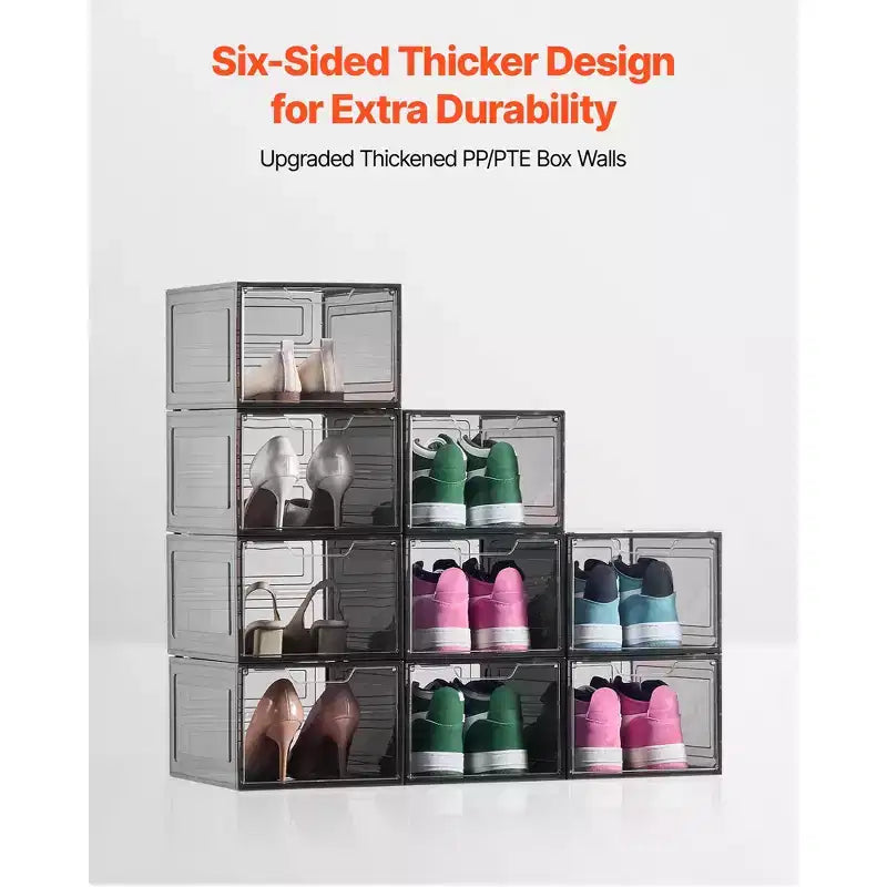 Lot de 9 boîtes de rangement à chaussures empilables transparentes avec porte magnétique, convient aux pointures jusqu'à 47 EU, noir transparent