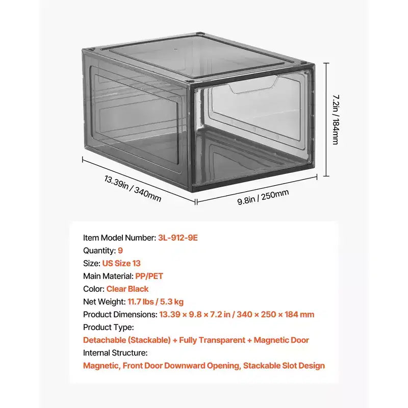Lot de 9 boîtes de rangement à chaussures empilables transparentes avec porte magnétique, convient aux pointures jusqu'à 47 EU, noir transparent
