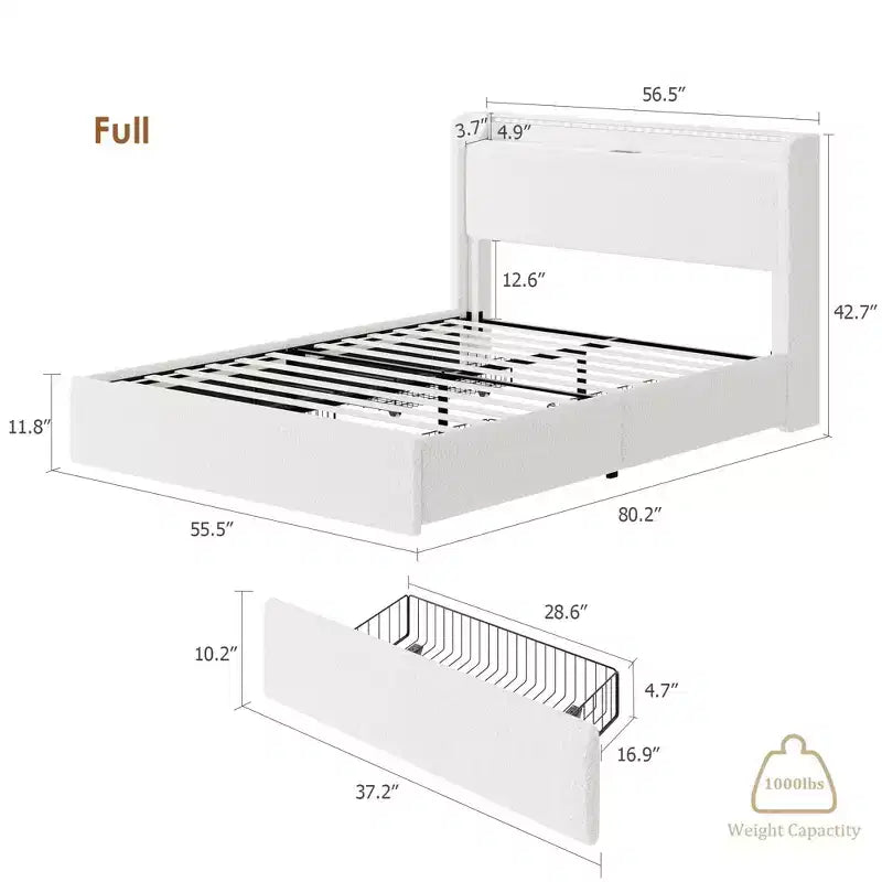 Cadre de lit Boucle avec tête de lit de rangement - Station de charge, lumières LED, cadre de lit plateforme tapissé avec 4 tiroirs de rangement