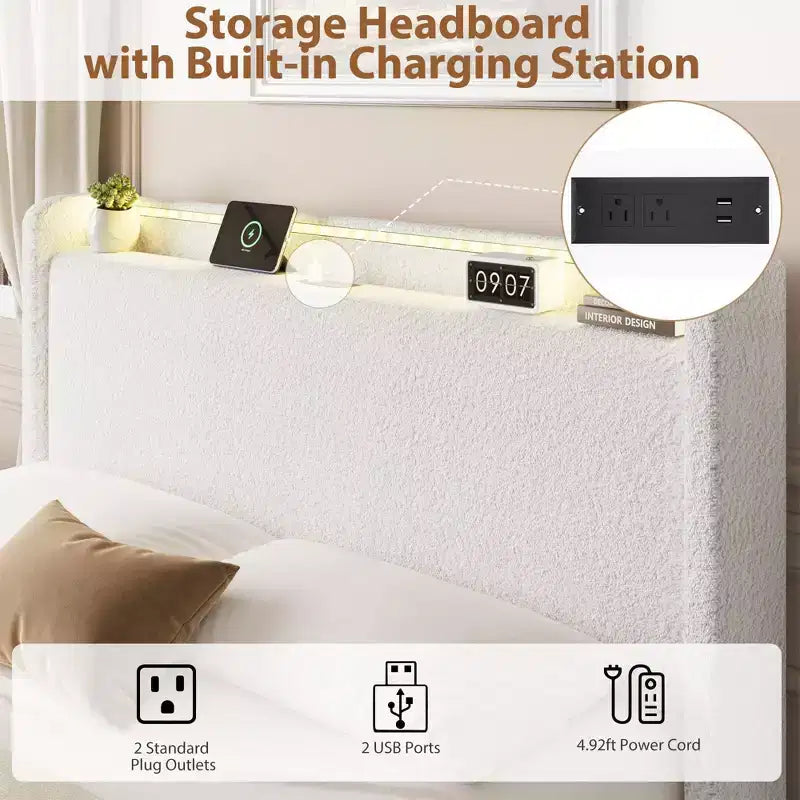 Cadre de lit Boucle avec tête de lit de rangement - Station de charge, lumières LED, cadre de lit plateforme tapissé avec 4 tiroirs de rangement