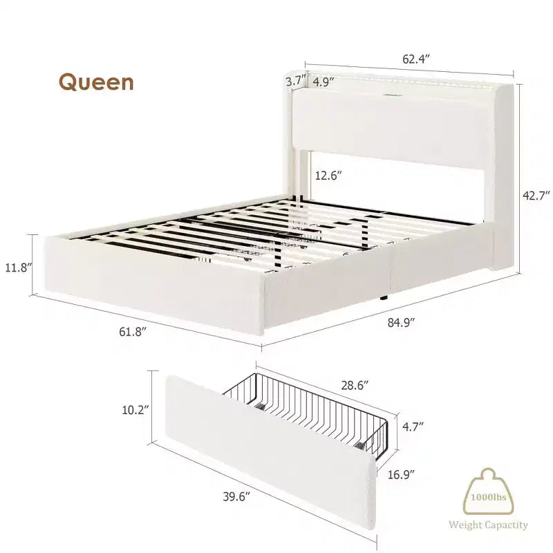 Cadre de lit Boucle avec tête de lit de rangement - Station de charge, lumières LED, cadre de lit plateforme tapissé avec 4 tiroirs de rangement