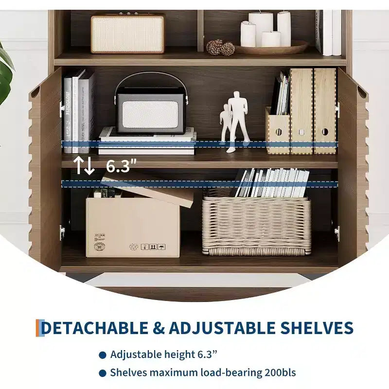 Meuble buffet enfilade cannelé de 42 pouces, rangement style milieu de siècle avec étagères ouvertes et portes, pieds en métal noir