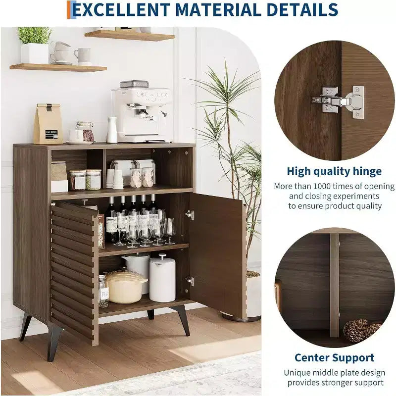 Meuble buffet enfilade cannelé de 42 pouces, rangement style milieu de siècle avec étagères ouvertes et portes, pieds en métal noir