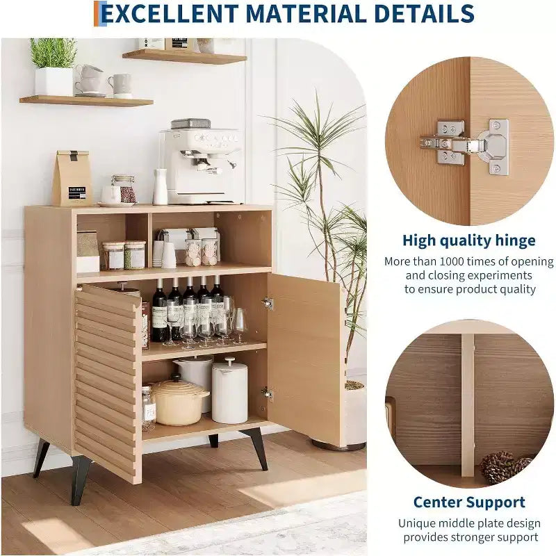 Meuble buffet enfilade cannelé de 42 pouces, rangement style milieu de siècle avec étagères ouvertes et portes, pieds en métal noir