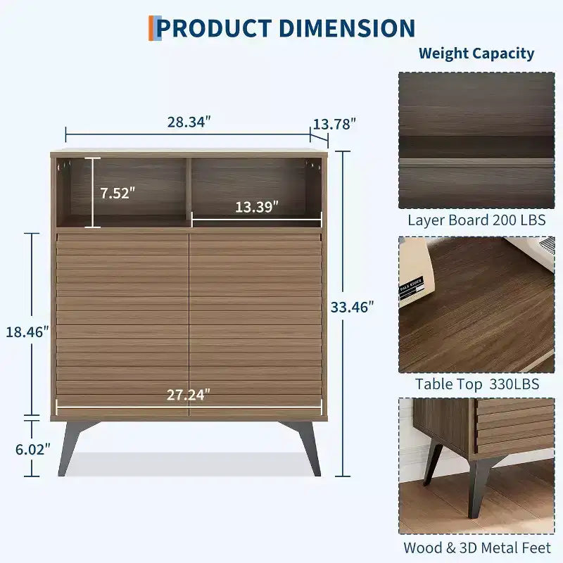 Meuble buffet enfilade cannelé de 42 pouces, rangement style milieu de siècle avec étagères ouvertes et portes, pieds en métal noir