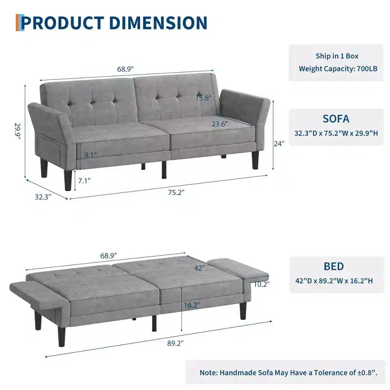 Canapé-lit futon de 89 pouces, canapé-lit moderne avec dossier et accoudoirs réglables, canapé-futon convertible pour salon, chambre à coucher, appartements