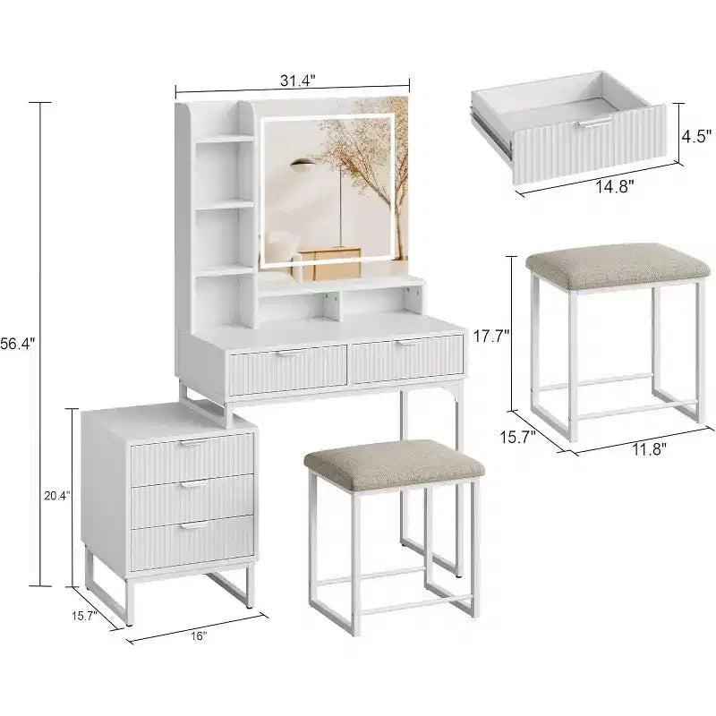 Coiffeuse de Maquillage avec Miroir et Lumières, Table de Coiffeuse avec 5 Tiroirs, Ensemble Coiffeuse avec Tabouret et Armoire de Rangement Latérale Amovible pour Chambre à Coucher