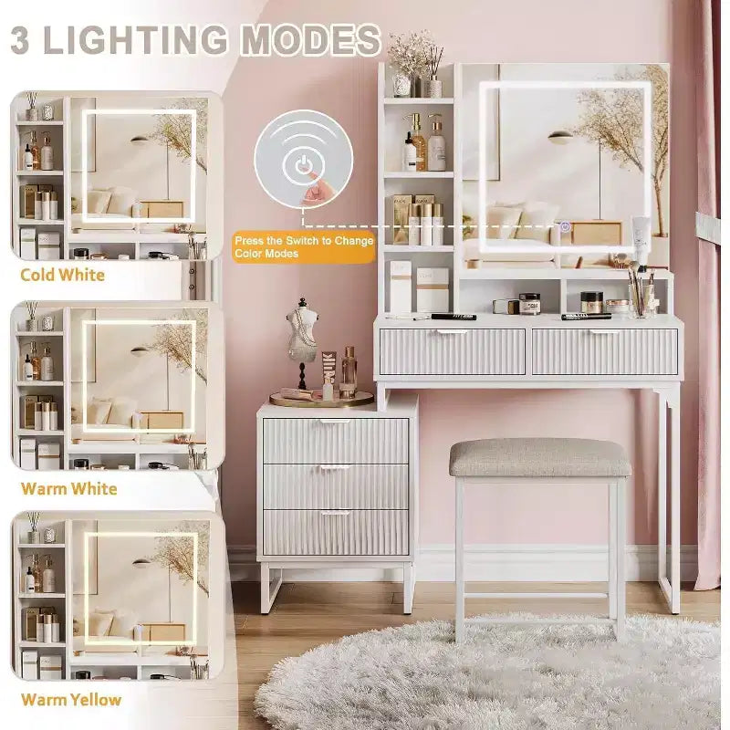 Coiffeuse de Maquillage avec Miroir et Lumières, Table de Coiffeuse avec 5 Tiroirs, Ensemble Coiffeuse avec Tabouret et Armoire de Rangement Latérale Amovible pour Chambre à Coucher