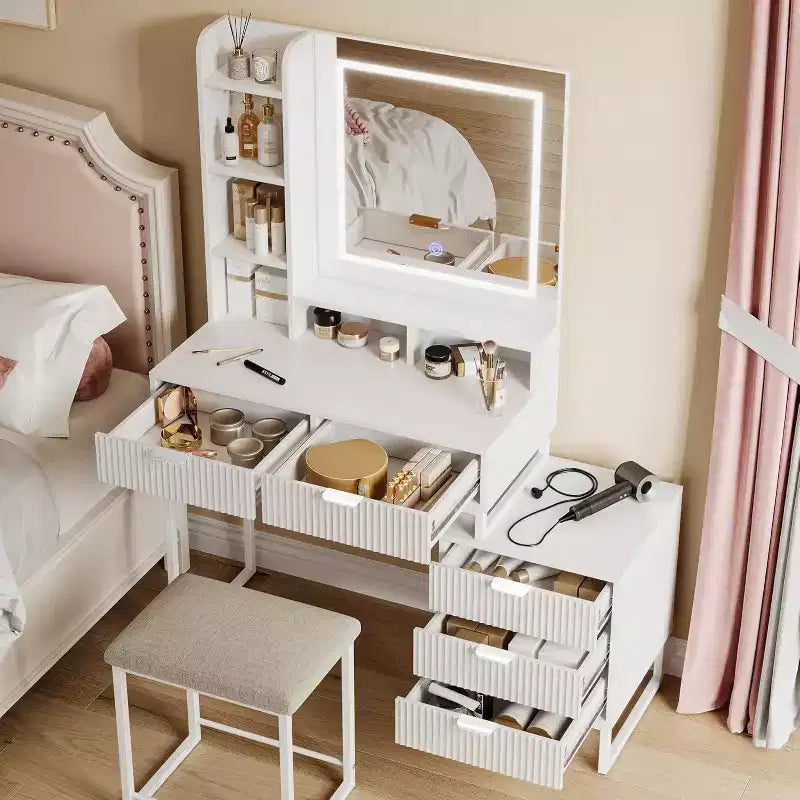 Coiffeuse de Maquillage avec Miroir et Lumières, Table de Coiffeuse avec 5 Tiroirs, Ensemble Coiffeuse avec Tabouret et Armoire de Rangement Latérale Amovible pour Chambre à Coucher