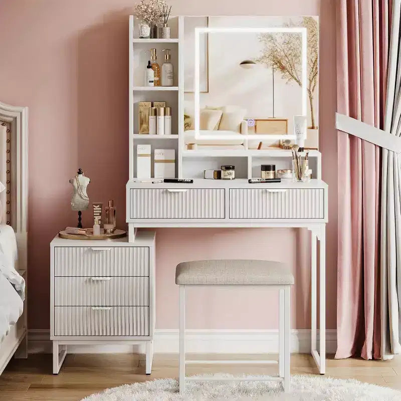 Coiffeuse de Maquillage avec Miroir et Lumières, Table de Coiffeuse avec 5 Tiroirs, Ensemble Coiffeuse avec Tabouret et Armoire de Rangement Latérale Amovible pour Chambre à Coucher