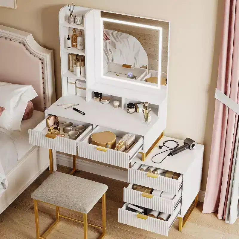 Coiffeuse de Maquillage avec Miroir et Lumières, Table de Coiffeuse avec 5 Tiroirs, Ensemble Coiffeuse avec Tabouret et Armoire de Rangement Latérale Amovible pour Chambre à Coucher