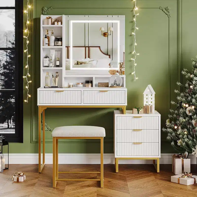 Coiffeuse de Maquillage avec Miroir et Lumières, Table de Coiffeuse avec 5 Tiroirs, Ensemble Coiffeuse avec Tabouret et Armoire de Rangement Latérale Amovible pour Chambre à Coucher