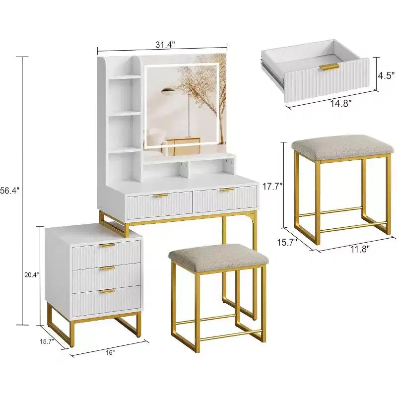 Coiffeuse de Maquillage avec Miroir et Lumières, Table de Coiffeuse avec 5 Tiroirs, Ensemble Coiffeuse avec Tabouret et Armoire de Rangement Latérale Amovible pour Chambre à Coucher