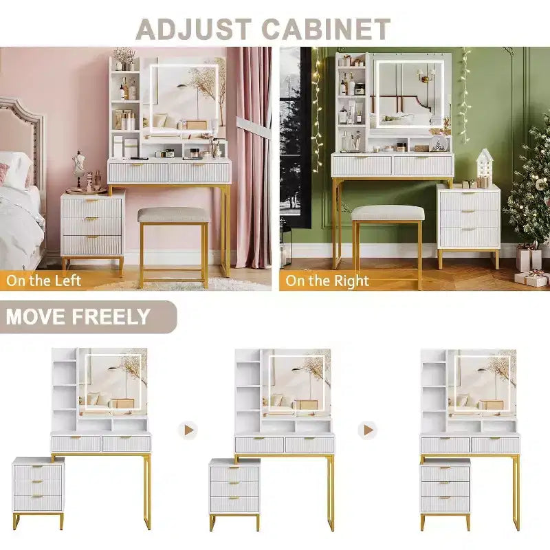 Coiffeuse de Maquillage avec Miroir et Lumières, Table de Coiffeuse avec 5 Tiroirs, Ensemble Coiffeuse avec Tabouret et Armoire de Rangement Latérale Amovible pour Chambre à Coucher