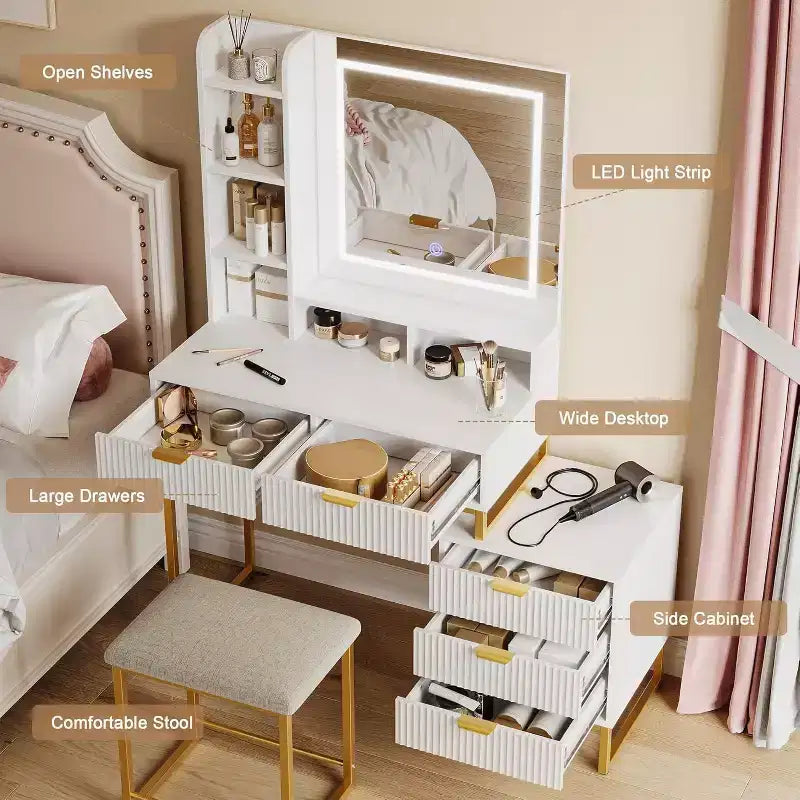 Coiffeuse de Maquillage avec Miroir et Lumières, Table de Coiffeuse avec 5 Tiroirs, Ensemble Coiffeuse avec Tabouret et Armoire de Rangement Latérale Amovible pour Chambre à Coucher