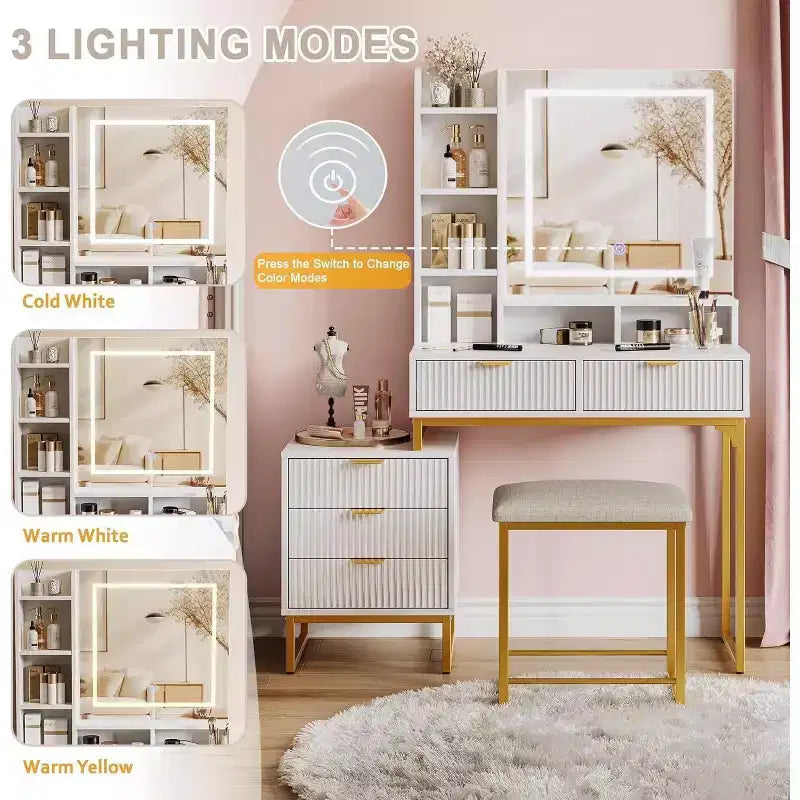 Coiffeuse de Maquillage avec Miroir et Lumières, Table de Coiffeuse avec 5 Tiroirs, Ensemble Coiffeuse avec Tabouret et Armoire de Rangement Latérale Amovible pour Chambre à Coucher