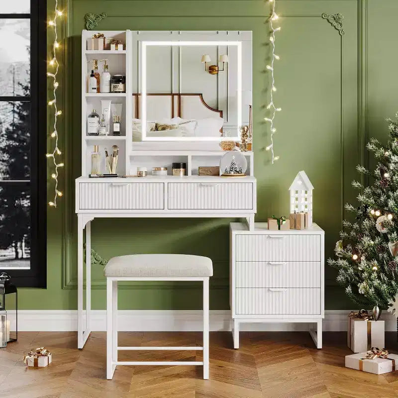 Coiffeuse de Maquillage avec Miroir et Lumières, Table de Coiffeuse avec 5 Tiroirs, Ensemble Coiffeuse avec Tabouret et Armoire de Rangement Latérale Amovible pour Chambre à Coucher